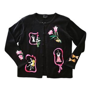 Vtg 90's Black Fashion Diva Embroidered Cardigan Sweater Med Dark Whimsy Artsy